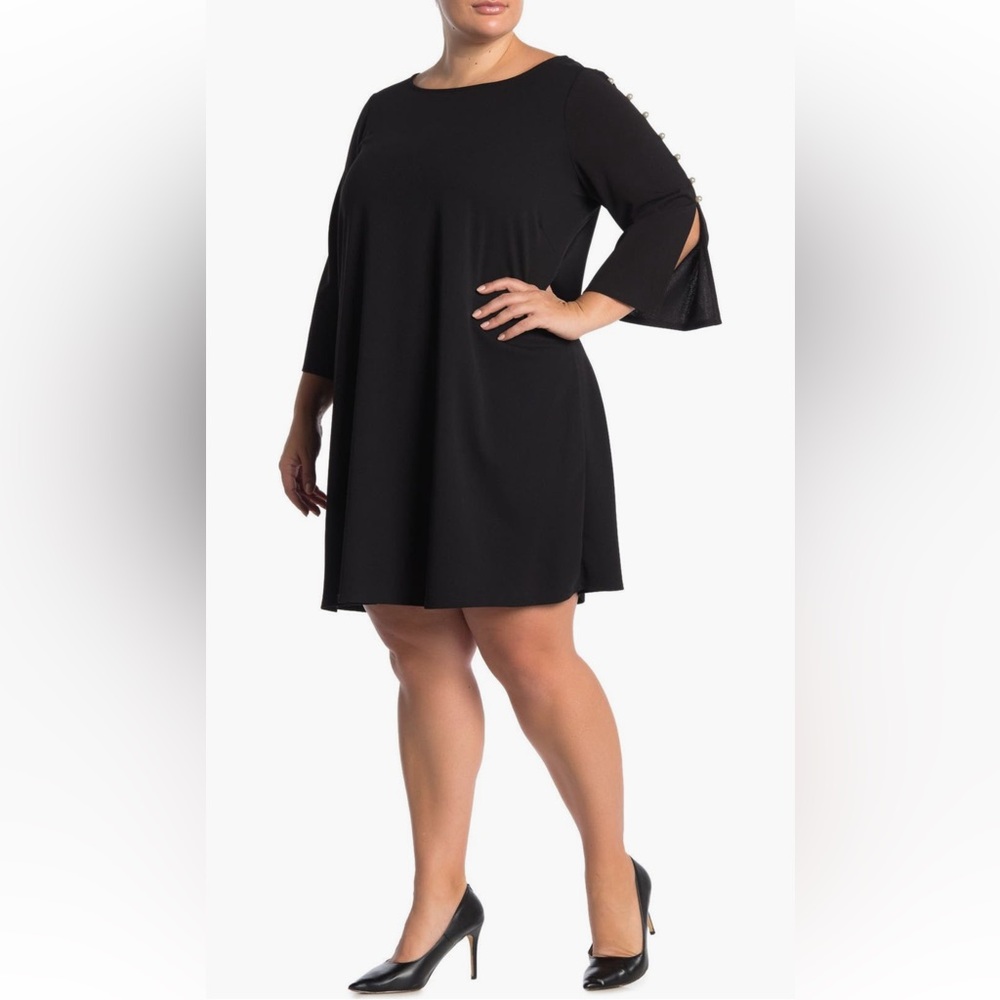 Nina Leonard jewel neck black dress, 3/4 sleeves w/ pearl details. Size 1X. NWT!